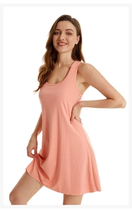 Full view of sleeveless cotton sleepwear dress in coral pink with relaxed A-line fit
