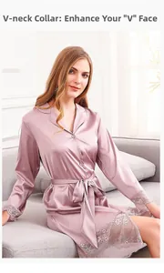 Detail of pink silk satin robe showing intricate lace cuffs and classic V-neck lapel design