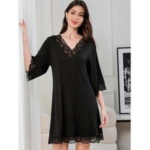 Elegant black modal V-neck nightgown with eyelash lace trim and comfortable mid-sleeves