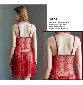 Detail of red sheer mesh lingerie dress featuring flame embroidery and thin straps
