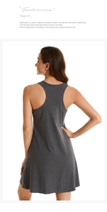 Close-up of racerback detail on dark grey cotton pajama dress with French romance text
