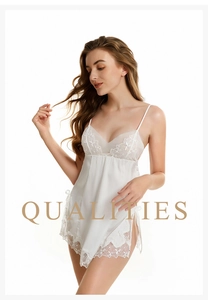 Close-up of white silk nightgown featuring delicate floral lace embroidery and side slit
