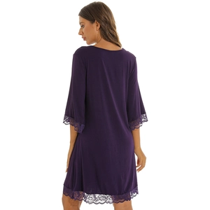 Deep purple modal cotton nightgown with lace trim, V-neck back view for women