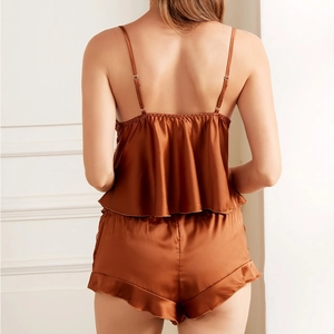 Women's bronze satin two-piece lingerie set with ruffle hem and delicate thin straps