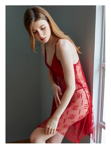 Detailed view of red sheer mesh lace nightgown featuring elegant wavy velvet flocking texture