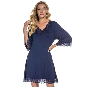 Navy blue modal nightgown with deep V-neck and delicate lace trim on sleeves and hem