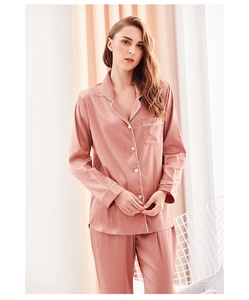 Silky satin long sleeve pajama set in dusty pink with white piping details
