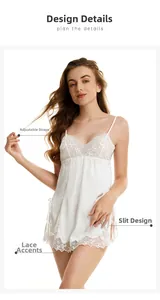 Detail of white satin nightgown featuring adjustable straps and delicate lace embroidery