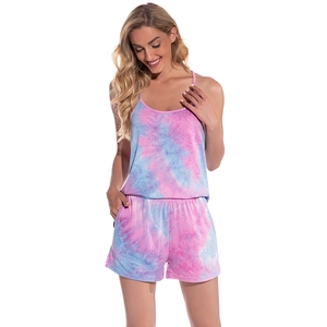 Women Tie Dye Pajamas Modal Cotton Sleeveless Camisole Short Sleeve Top And Shorts Loungewear Sleepwear For Summer Casual Wear