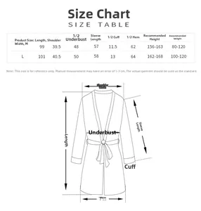 Detailed size guide table for women's ice silk lace robe with sleeve and length measurements