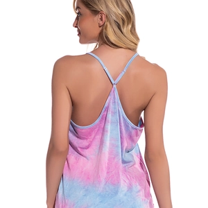Pink and blue tie-dye camisole with thin adjustable straps and V-shaped open back design