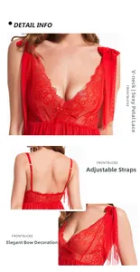 Détail d'une chemise de nuit en dentelle rouge avec nœuds et décolleté en V