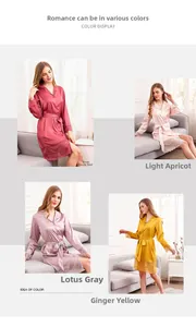 Detail view of lace hem and sleeves on ice silk robes in four different colors