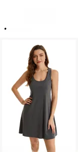Detail view of a dark grey sleeveless cotton sleepwear dress with an A-line silhouette