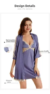 Detail of purple satin sleepwear set showing lace trim and removable breast pads