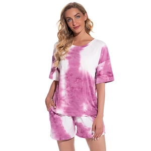 Women's two-piece magenta tie-dye modal pajamas set with short sleeve t-shirt and shorts
