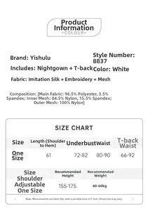 Size chart and fabric details for ultra-thin white lace mesh babydoll with adjustable straps