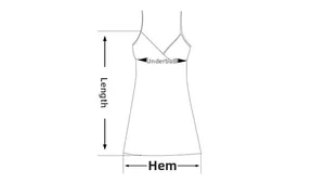 Detailed size chart showing dress length, underbust and hem measurements for silk nightgown