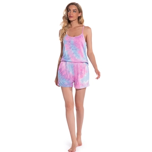 Pink and blue tie-dye loungewear set with spaghetti strap top and elastic shorts