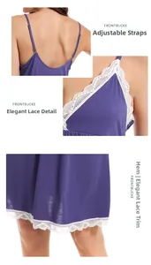 Détails des bretelles réglables et bordure en dentelle sur chemise de nuit violette