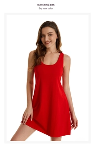 Detail of dry rose red cotton tank nightdress featuring an integrated matching bra