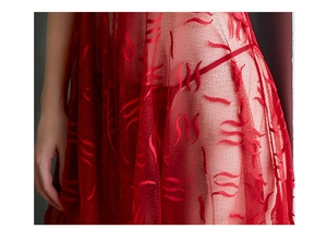 Detail of red sheer lace nightgown featuring wavy velvet patterns and pleated hemline