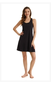 Detail shot of black cotton stretch sleeveless nightdress with racerback design