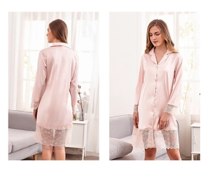 Detailed lace trim on light pink ice silk long sleeve lounge robe and sleepwear