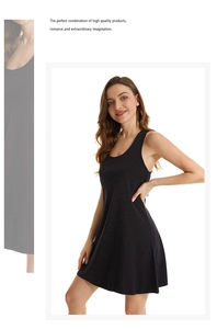 Detail of black cotton stretch A-line sleeveless nightgown showing fit and fabric texture