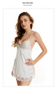 Detail of white lace stitching on ultra-thin ice silk nightgown with a backless design