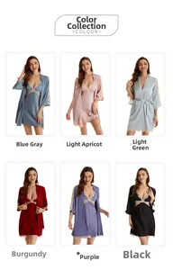 Lace-trimmed silk-satin robe and slip nightgown set shown in six elegant colors
