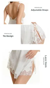 Detail of adjustable straps, side tie design, and lace trim on a white silk nightgown