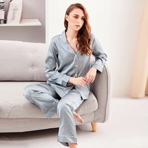 Women Soft Satin Pajama Set Solid Color V-Neck Long Sleeve Button Down Loungewear Sleepwear Top And Bottom Spring Autumn