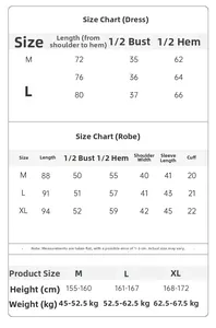 Detailed size guide for silk nightgown and robe set including measurements in centimeters