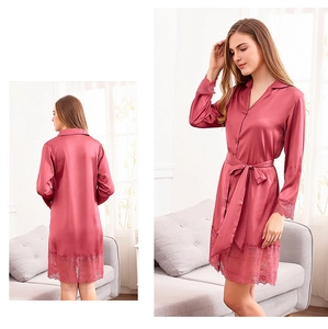 Detailed lace hem and sleeve stitching on a mauve ice silk robe for women