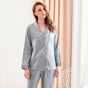 Satin silk long-sleeved pajama set for women in grey-blue with white piping detail