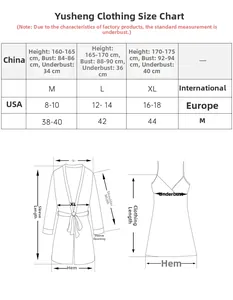 Size chart for silk nightgown set with CN, US, and EU measurement guide details