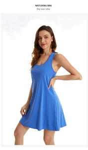Detail view of royal blue sleeveless nightdress with deep U-neck and A-line hem
