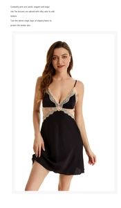 Close-up of elegant black silk satin nightgown with beige lace trim and slim straps