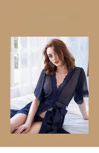 Detail of navy blue sheer mesh nightdress with delicate lace trim and ribbon belt