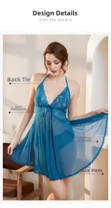 Detailed back view of peacock blue lace nightdress featuring elegant tie-up strap design