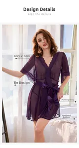 Detail view of purple sheer mesh lingerie robe with delicate lace trim and satin bow tie