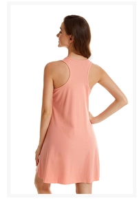 Rear view of a peach pink cotton racerback nightgown showing clean cut and A-line silhouette