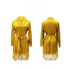 Front and back view of gold satin silk robe with delicate floral lace trim on cuffs