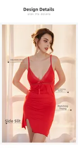 Detail of red nightgown with lace trim, V-neckline, and adjustable straps on a model