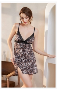 Sexy leopard print satin nightgown with black lace trim and V-neckline detail