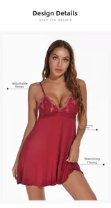 Detail view of burgundy modal nightdress featuring lace bodice and adjustable straps