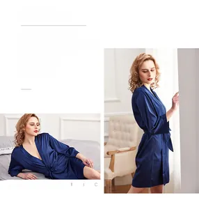 Detail of navy blue silk satin robe featuring a sleek V-neck design and matching waist tie