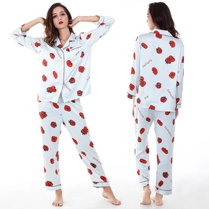 Pigiama in Raso da Donna Top E Pantaloni Stampa Pomodoro Manica Lunga Scollo a V Abbottonato Loungewear Casual Casa