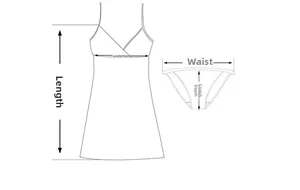 Size chart showing length, underbust, waist and crotch depth for two-piece lingerie set